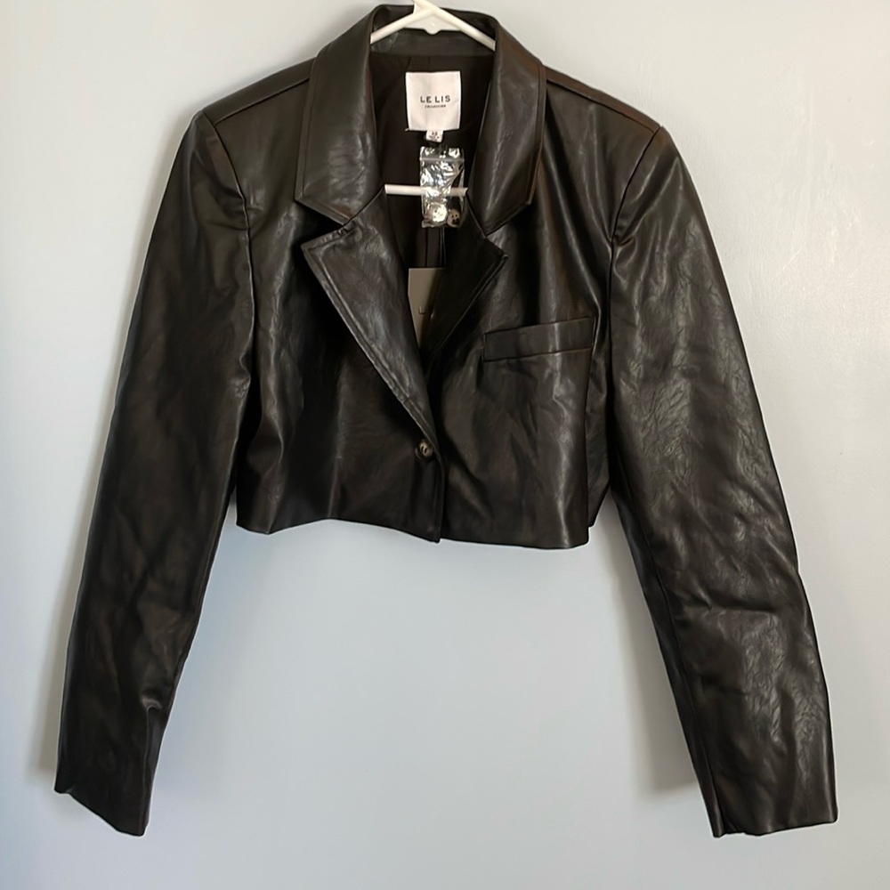 Le Lis faux leather cropped moto jacket black new